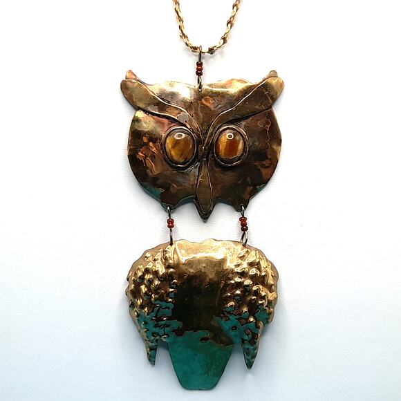 Owl Pendant Gemstone Eyes Necklace, Brass Metal, Gold Tone Chain - Picture 2 of 11